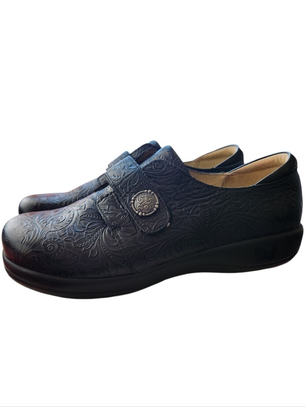 Alegria Joleen Black Arch Support Slip-On Shoe Size 42 Tar Tooled Leather Casual